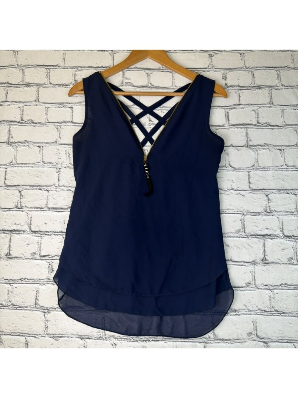 Womens Navy Blue Sleeveless Zip Front V-Neck Tank Top Business Criss Cross Back